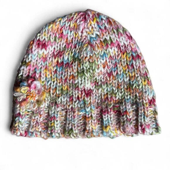 y2K Multicolor Knit Beanie with Flower Applique, Soft Early 00s Colors - Picture 1 of 4